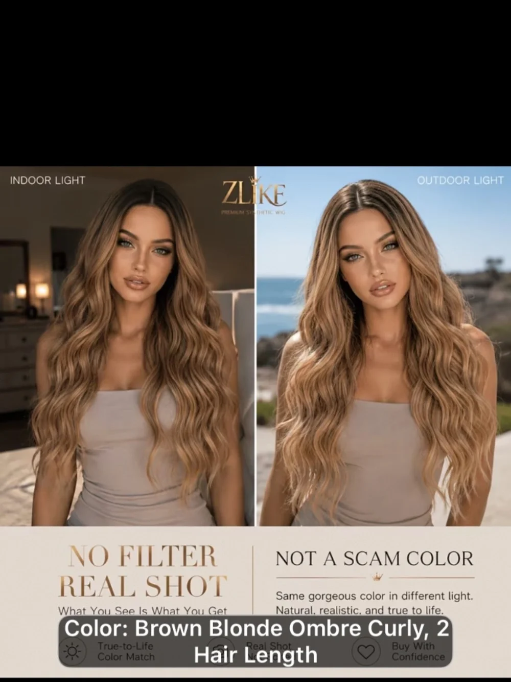 Ombre Brown to Honey Blonde Long Curly Synthetic Wig, Glueless Heat Resistant .
